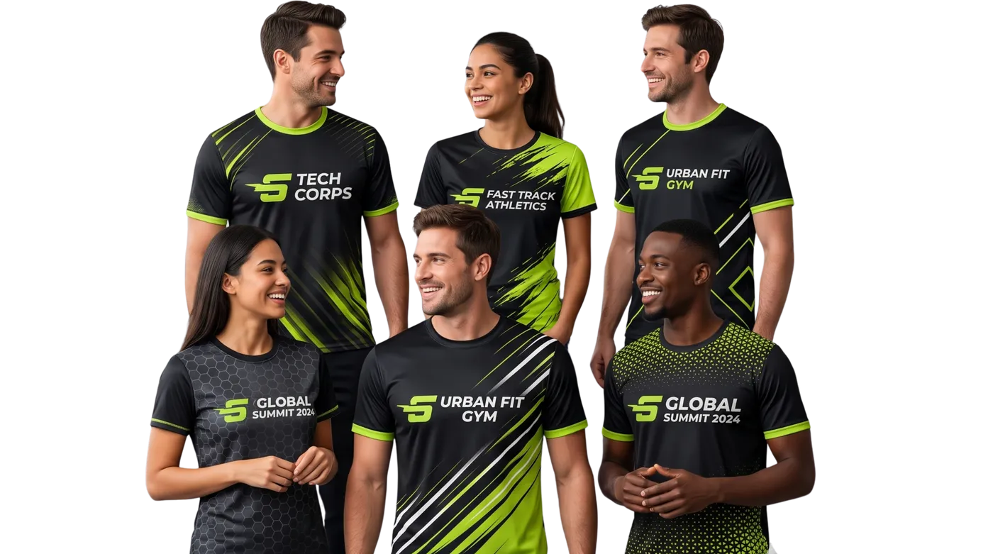 Equipe vestindo camisetas esportivas personalizadas pretas e verde-limão